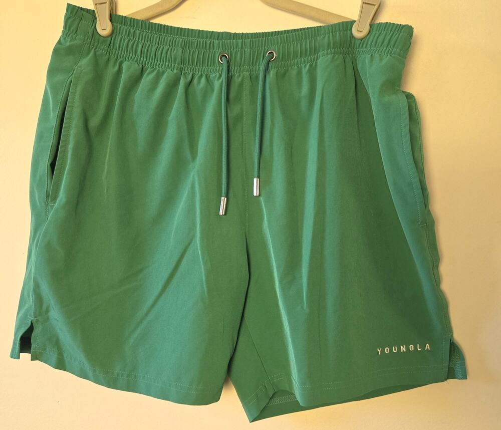 YoungLA Men’s Swim Shorts Size M Green Athletic Trunks Lined Gym Hybrid Pocket